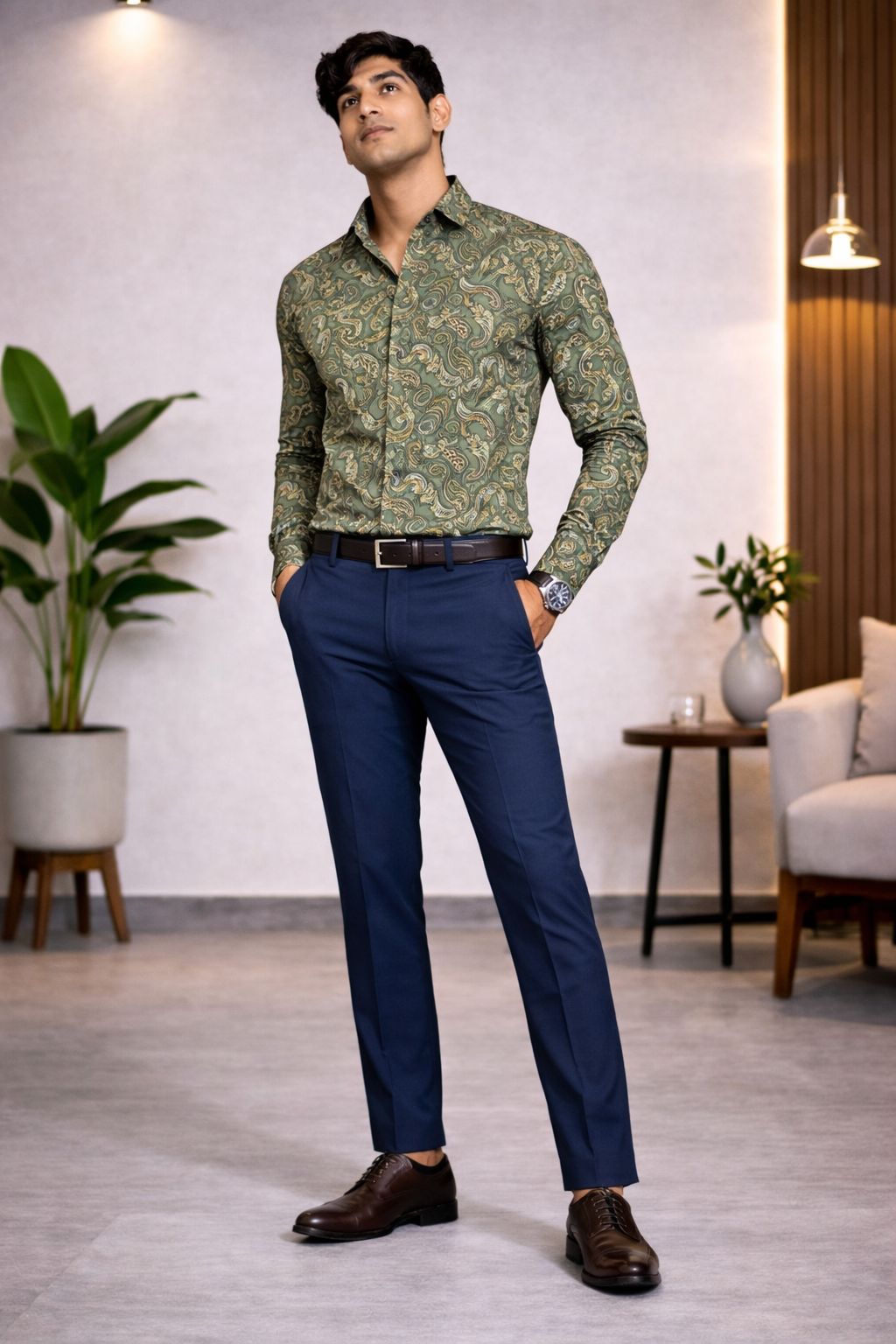 Olive Green Paisley Premium Shirt & Navy Pant Fabric Set