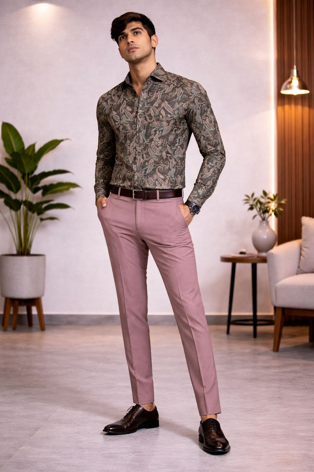 Classic Olive Paisley Print Shirt Fabric Set