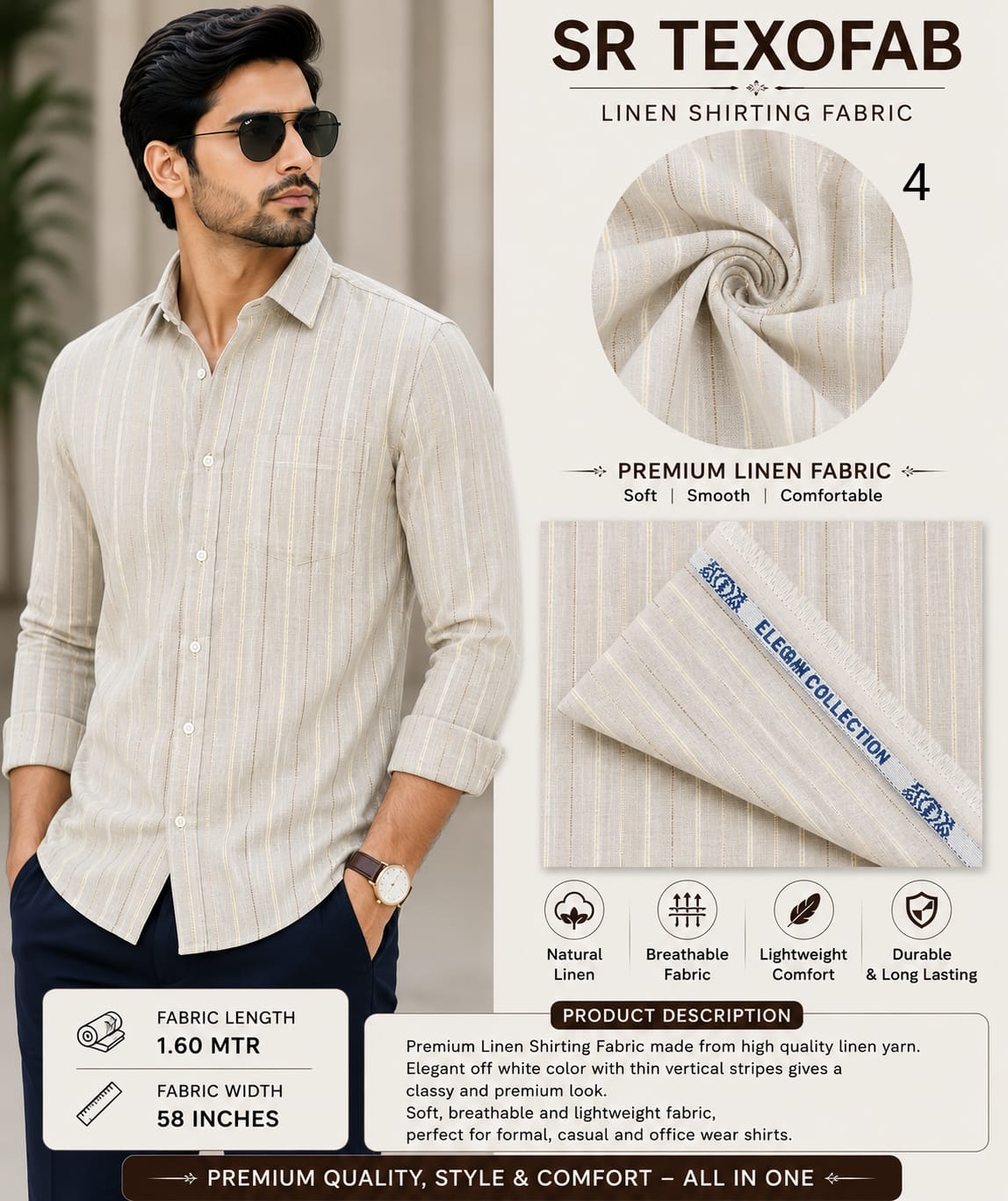 | Premium 60 Lea Linen Shirting Fabric | Off White With Golden Stripe Has 