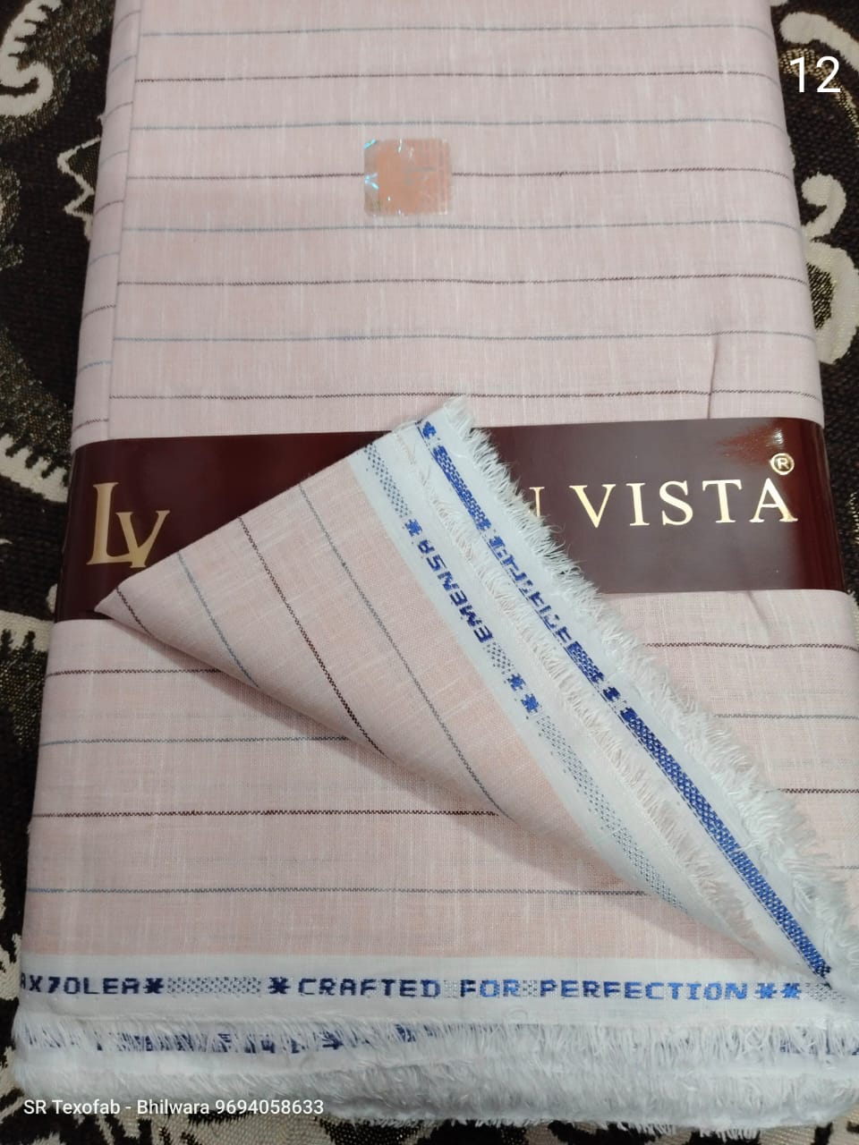 Pure  Linen Shirting Fabric Light Peach With Multicolor Vertical Pinstripe 1.60 Mtr