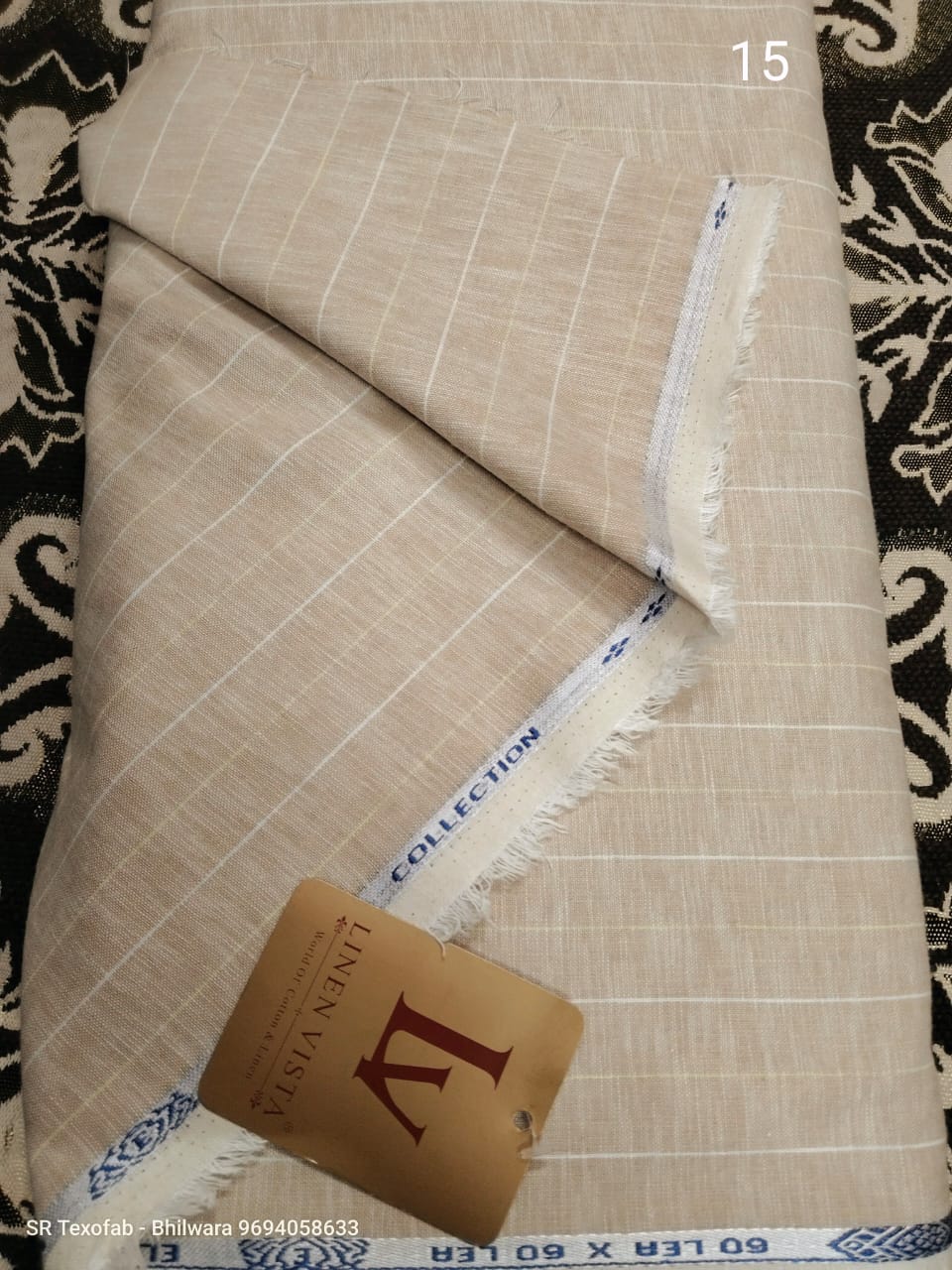 Premium 60 Lea Slub Linen Shirting Fabric Beige With White Vertical Pinstripe 