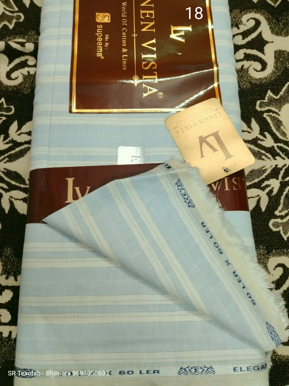 Pure Linen Shirting Fabric Light Sky Blue With White Vertical Stripe 1.60 Mtr