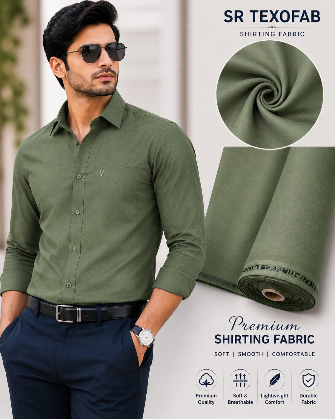 Premium Olive Green Cotton Blend Shirting Fabric 