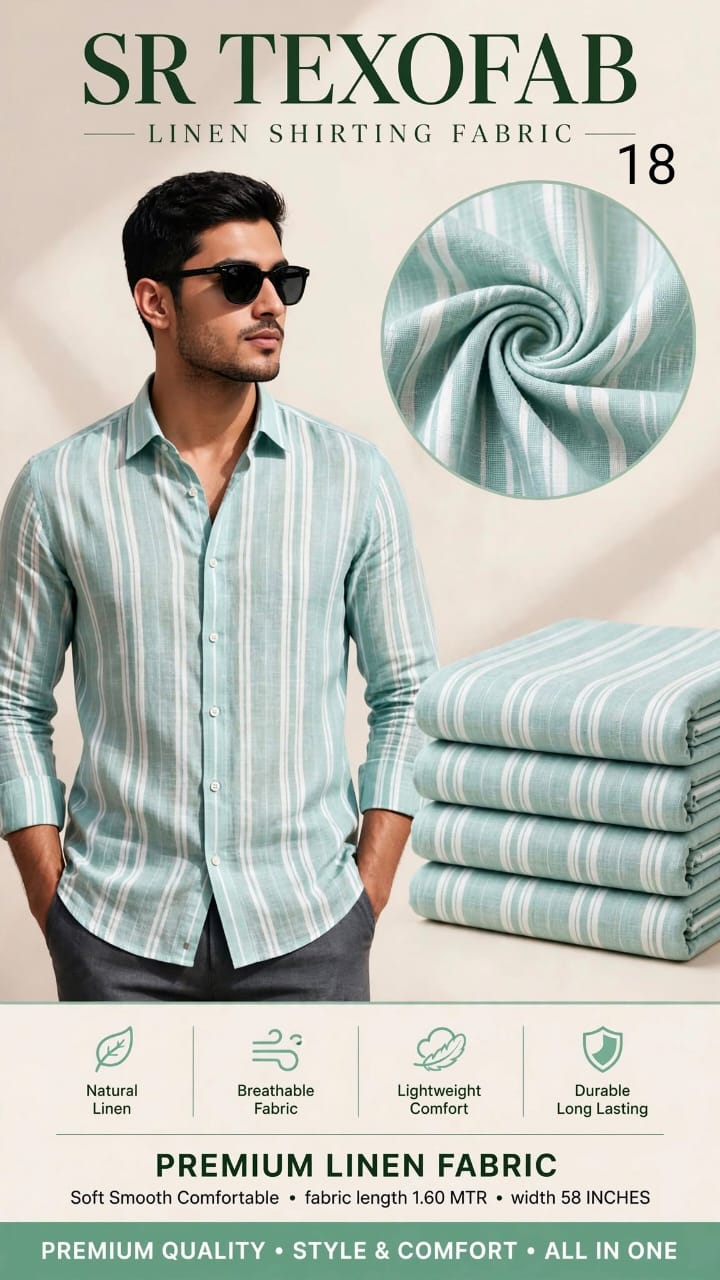 Pure Linen Shirting Fabric Light Sky Blue With White Vertical Stripe 1.60 Mtr