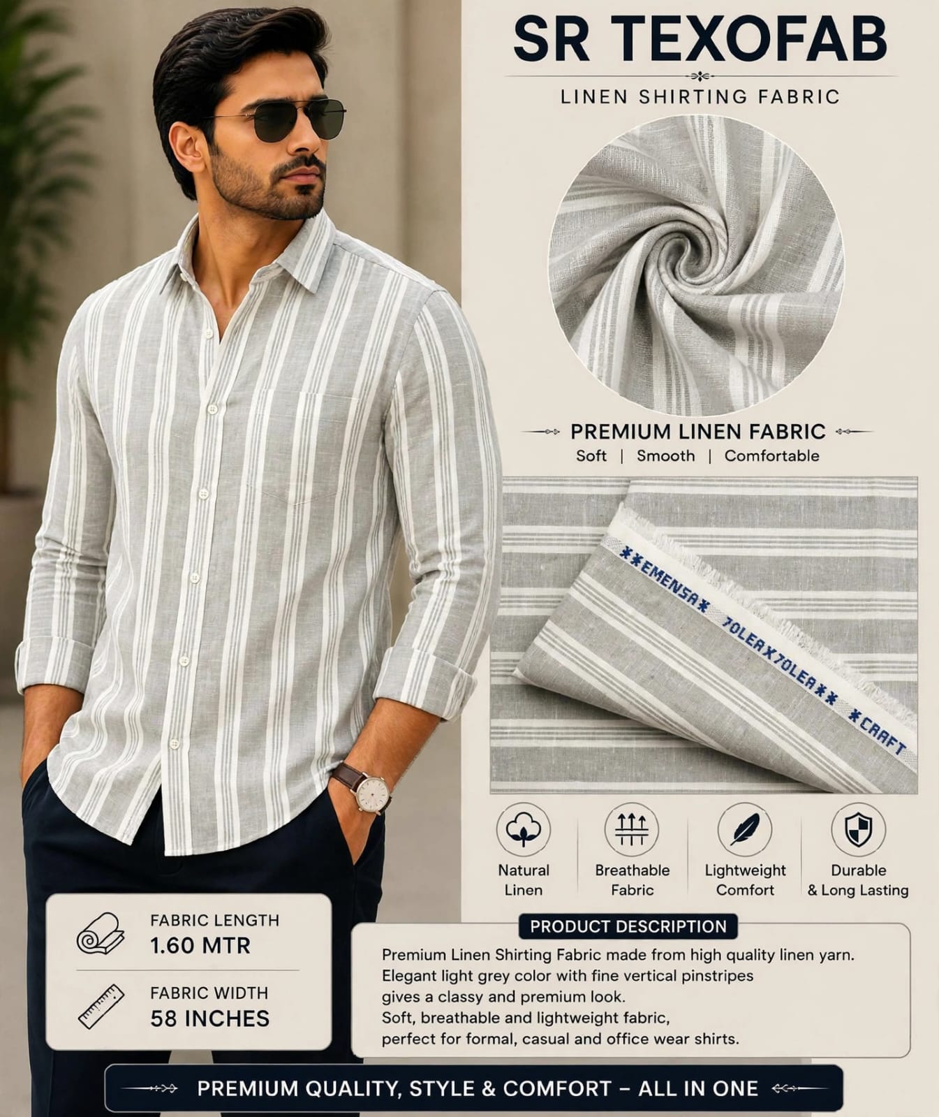 Light Grey Vertical Stripe Linen Shirting Fabric 