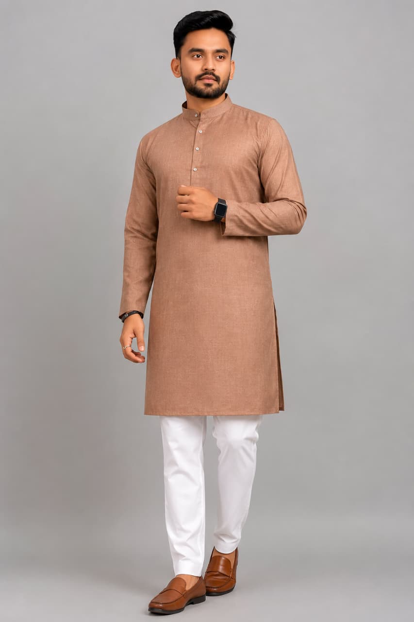 Coffee Brown Kurta With White Pajama Fabric Set