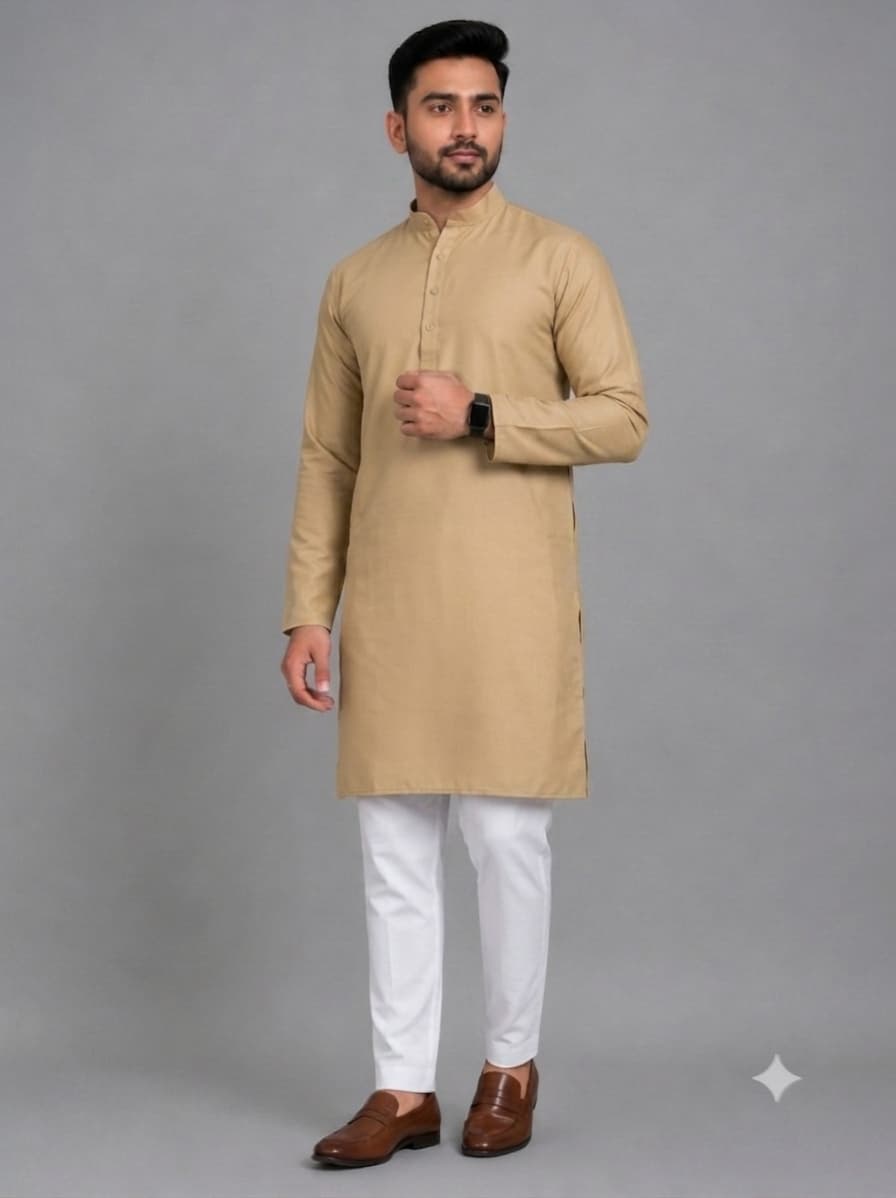 Desert Beige Kurta With White Pajama Fabric Set – Premium Cotton Blend
