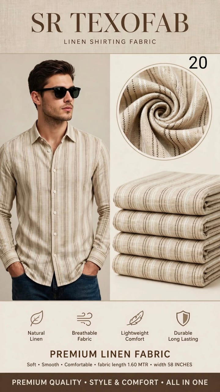 Pure Linen Shirting Fabric Beige With Brown And White Vertical Stripe 1.60 Mtr
