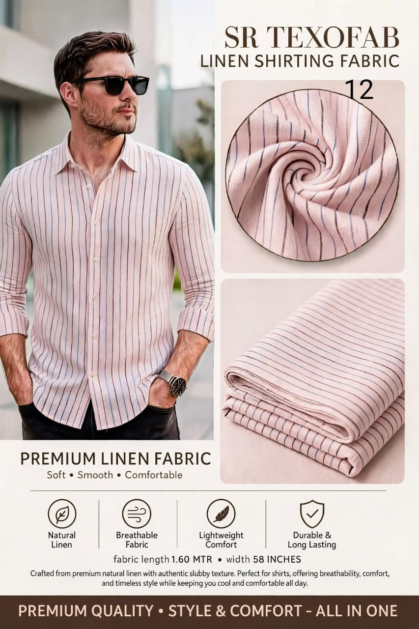 Pure  Linen Shirting Fabric Light Peach With Multicolor Vertical Pinstripe 1.60 Mtr