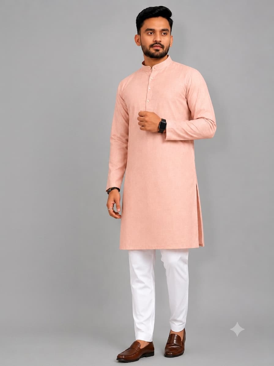 Peach Kurta With White Pajama Fabric Set – Premium Cotton Blend