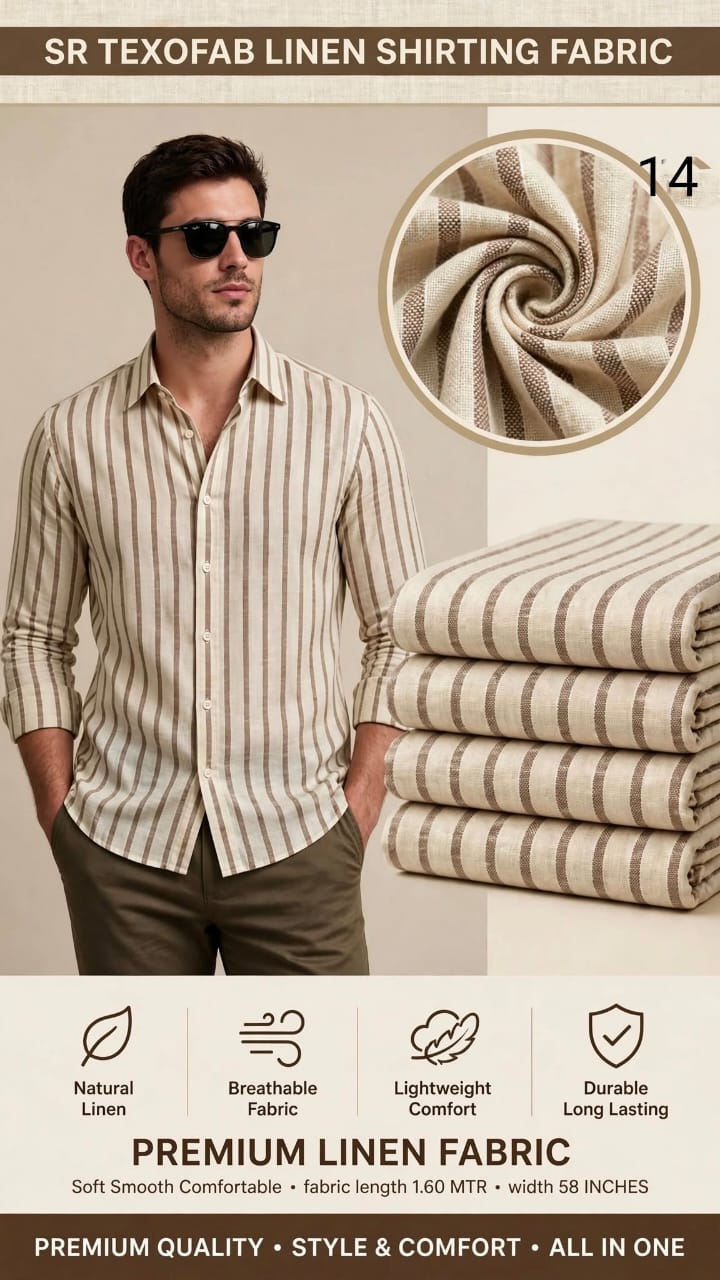 Pure Linen Shirting Fabric Cream With Brown Vertical Stripe 1.60 Mtr