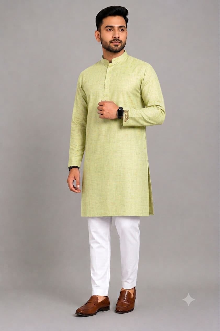 Pista Green Kurta With White Pajama Fabric Set