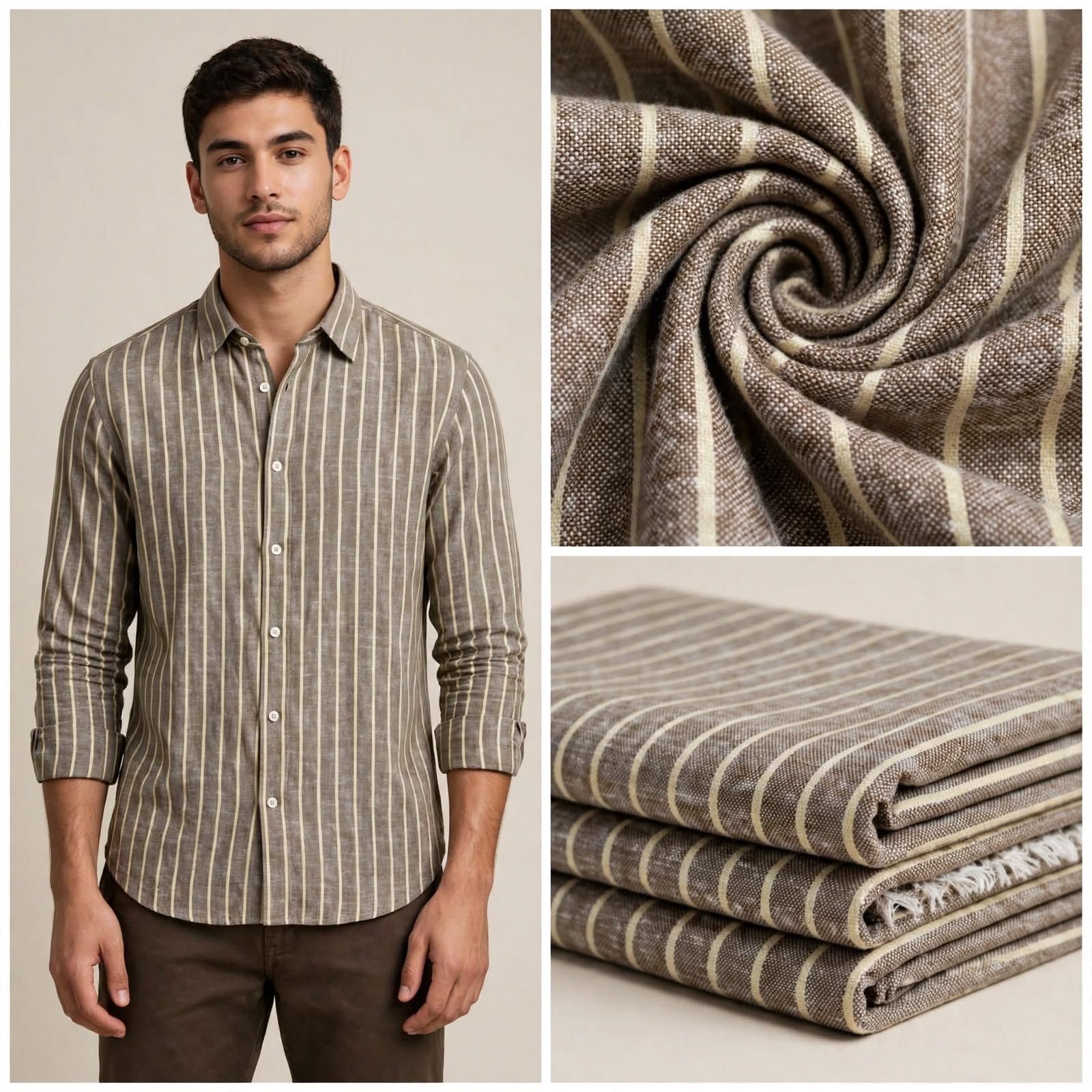 Pure  Linen Shirting Fabric Brown Base With Light Yellow Vertical Stripe 1.60 Mtr