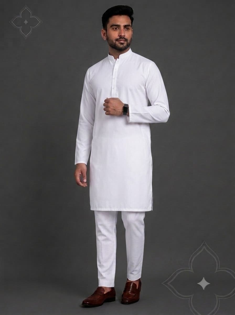 Premium White Kurta Pajama Fabric Set – Cotton Blend