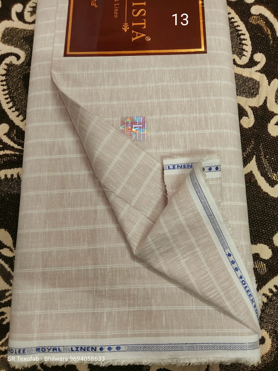 Premium PURE Linen Shirting Fabric Light Beige With White Vertical Pinstripe 