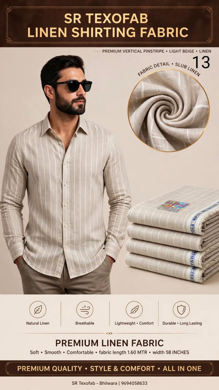 Premium PURE Linen Shirting Fabric Light Beige With White Vertical Pinstripe 