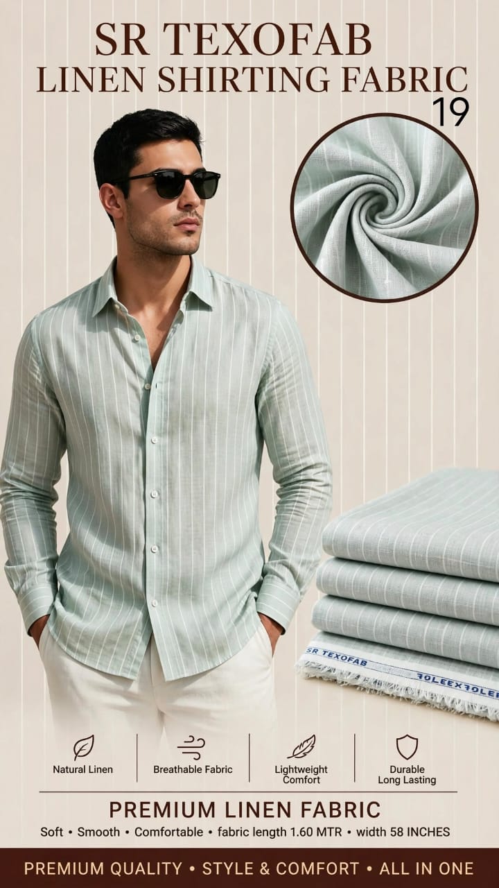  Linen Shirting Fabric Pastel Mint Green With White Vertical Pinstripe 