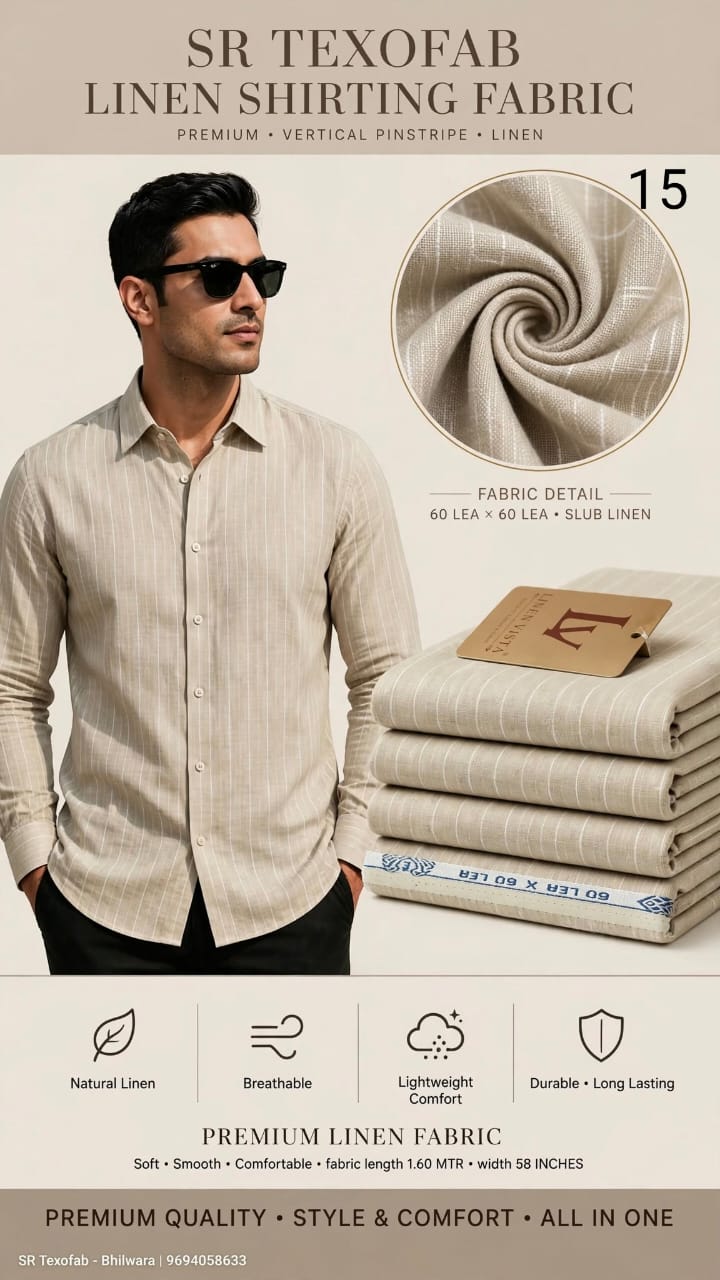 Premium 60 Lea Slub Linen Shirting Fabric Beige With White Vertical Pinstripe 