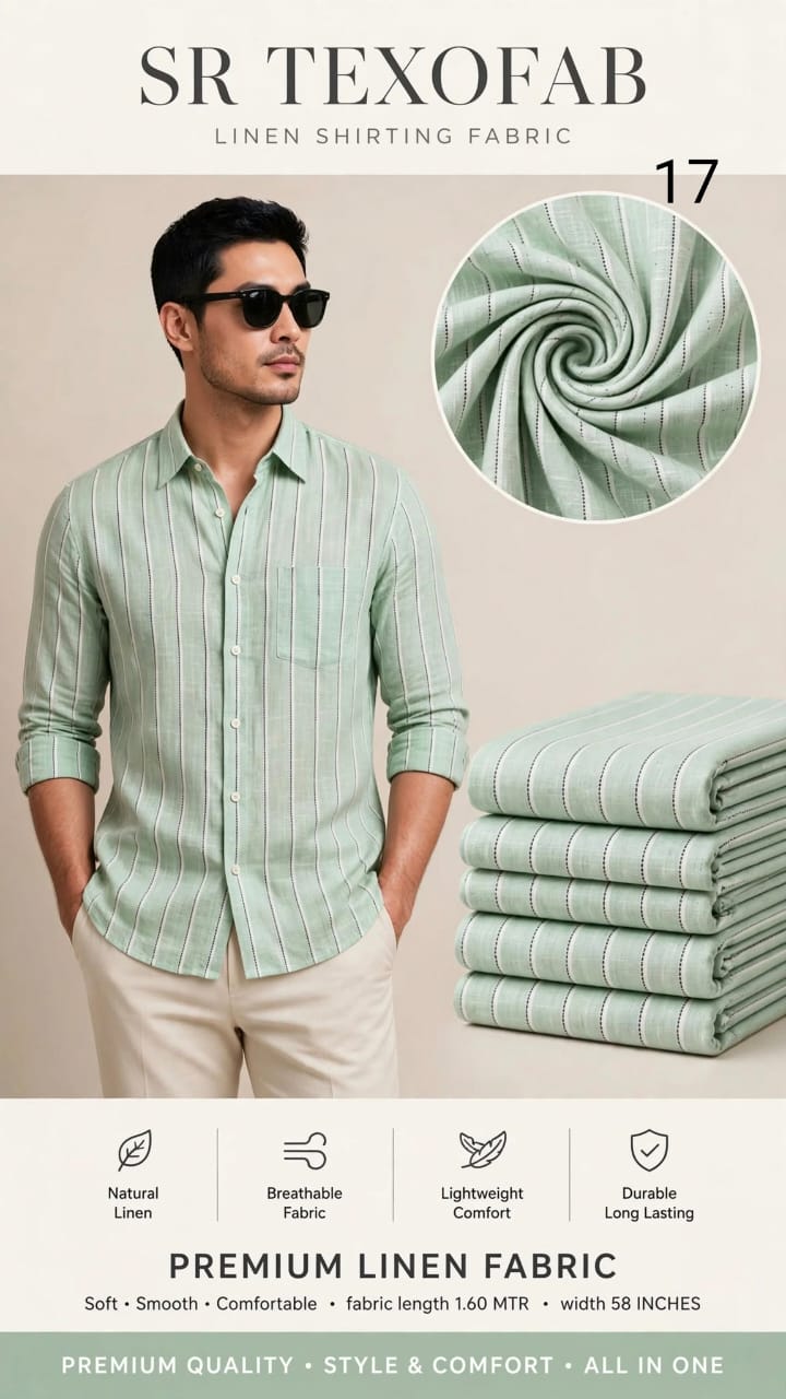  Pure Linen Shirting Fabric Light  Mint Green With White And Black Vertical Stripe 