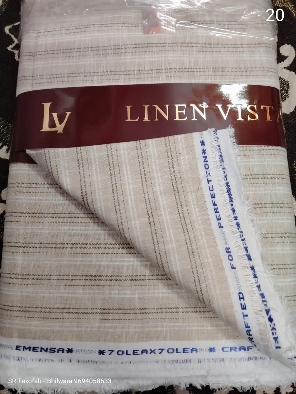 Pure Linen Shirting Fabric Beige With Brown And White Vertical Stripe 1.60 Mtr