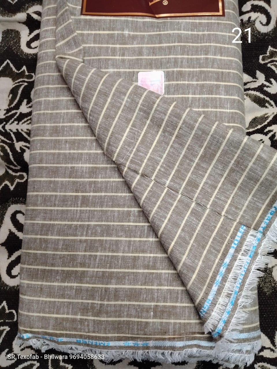 Pure  Linen Shirting Fabric Brown Base With Light Yellow Vertical Stripe 1.60 Mtr